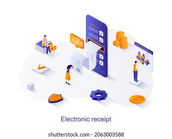 Concepto web isométrico de recepción electrónica. Las personas reciben y pagan facturas digitales usando aplicaciones móviles. Escena de transacciones bancarias en línea. Ilustración vectorial para la plantilla de sitio web en diseño 3d