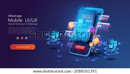 An electronic receipt sent via an online mobile application. Money transactions, electronic account, cash transaction, online payment, data protection. E-invoicing, business financial software. Vector