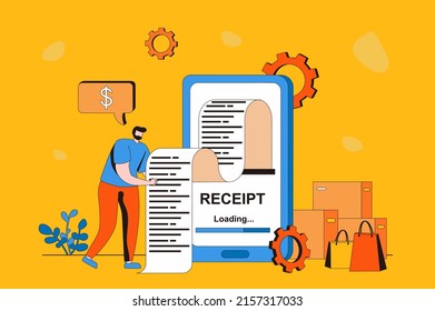 Electronic Receipt Web Concept In Flat 2d Design. Man Receives Invoice And Pays It Online Using Mobile App On His Smartphone. Banking Services And Transactions. Vector Illustration With People Scene