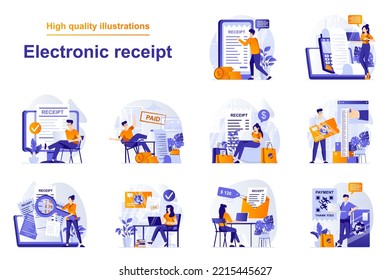 Electronic receipt web concept with people scenes set in flat style. Bundle of online payment with digital invoice, financial transactions via mobile app. Vector illustration with character design