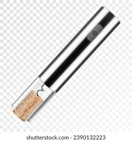 An electronic rechargeable corkscrew with cork, isolated on transparent background. Electronic cordless corkscrew. Gray metal. Realistic 3d vector illustration