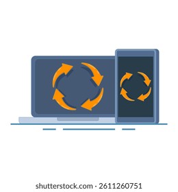 Electronic recycling concept, recycling icon on smartphone laptop screen. reuse, reduce. flat design illustration on background.