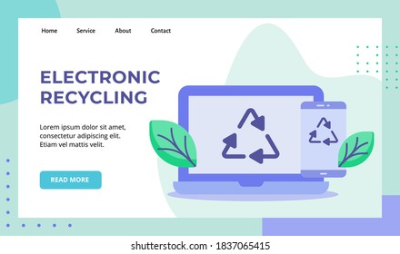 Electronic Recycling Green Leaf Recycle Icon On Display Laptop Smartphone Screen Campaign For Web Website Home Homepage Landing Page Template Banner With Flat Style