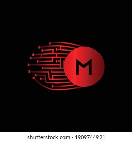 Diseño del logotipo de la carta M de la placa del circuito rojo electrónico. Diseño del logotipo de la letra electrónica M. Diseño de logotipos digitales y modernos para la letra M.