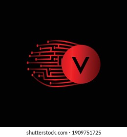 Electronic Red Circuit Board Letter V Logo Design. Electronic Letter V Logo Design. Modern and digital Logo Design for Letter V.
