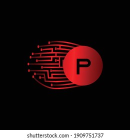 Electronic Red Circuit Board Letter P Logo Design. Electronic Letter P Logo Design. Modern and digital Logo Design for Letter P.