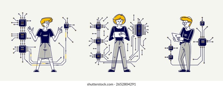 Electronic repair circuit boards computer hardware engineer doing job, vector illustration set of young person working with motherboard and processors, electronic technology.