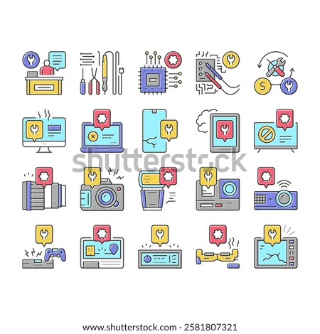 Electronic Repair Collection Icons Set Vector. Photo And Video Camera, Computer Chip And Screen, Phone And Tablet Fixing With Repair Tools Concept Linear Pictograms. Contour Color Illustrations