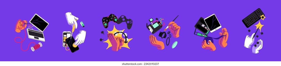 Electronic repair concept set. Hands fix broken device: smartphone, laptop, controller, tablet, camera, keyboard, cracked screen. Service for recovery damaged gadget. Flat isolated vector illustration