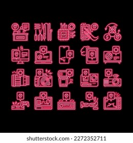 Electronic Repair neon light sign vector. Photo And Video Camera, Computer Chip And Screen, Phone And Tablet Fixing With Repair Tools Illustrations