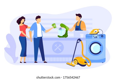 Electronic repair in service center vector illustration. Cartoon flat family people pay serviceman for professional repairing home electrical devices, kitchen household appliance fix isolated on white