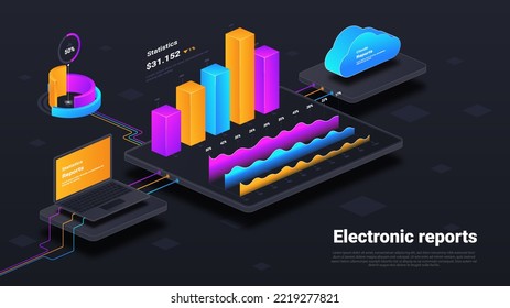 Electronic reporting concept. Infographics and work with statistics. Graphs and diagrams. Wireless connection and digital world. Poster or banner for website. Cartoon isometric vector illustration