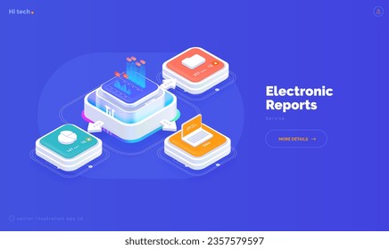 Informes electrónicos. Recopilación de datos de archivos, carpetas. Conexión de una laptop a un servicio analítico. Estadísticas y análisis electrónicos. Isometric vector ilustración 3d estilo en fondo azul