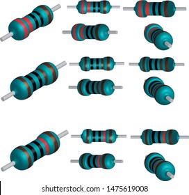 ELECTRONIC RESISTOR COMPONENT VECTOR 3D ISOMETRIC ICON REALISTIC. BLUE 220 1K 10K OHMS SEMICONDUCTOR, META FILM RESISTOR