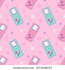 Electronic retro game. Vector seamless pattern in kawaii style. An old vintage console from the 90s