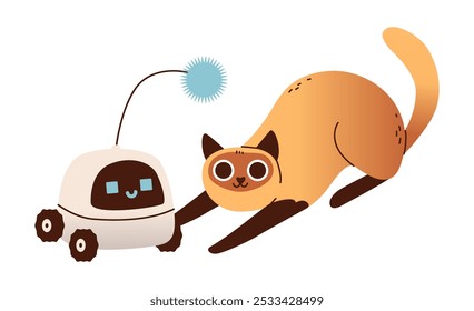 Juguete Electrónica del robot para el animal doméstico. Gato con un robot para la diversión. Tecnologías del futuro en la vida animal. Ilustración vectorial plana.