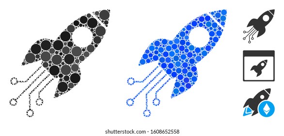 Electronic rocket mosaic of spheric dots in variable sizes and color tints, based on electronic rocket icon. Vector dots are grouped into blue mosaic.