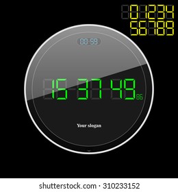 Electronic round stop watch with hours, at top a numerical ticker and your slogan at the bottom