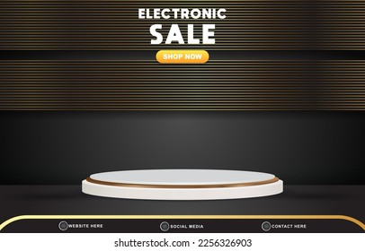 electronic sale discount template banner with blank space 3d podium for product sale with abstract gradient black and brown background design