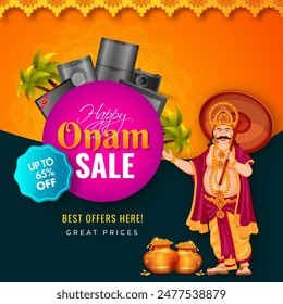 Póster de venta Electrónica o diseño de Plantilla con oferta de descuento, olla de monedas de oro e ilustración de King Mahabali sosteniendo el paraguas para el concepto de celebración del Festival Happy Onam.