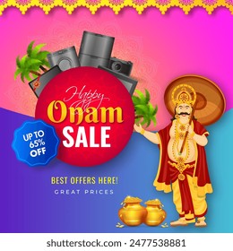 Electronic Sale poster or template design with  discount offer, golden coins pot and illustration of King Mahabali holding umbrella for Happy Onam Festival celebration concept.