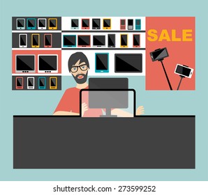 Electronic salesman in the supermarket. Flat design.