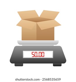 Electronic scales for cargo. Scales for weighing boxes. parcel. Vector illustration