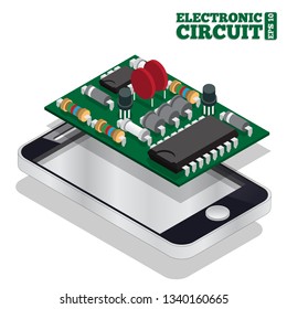 Electronic scheme of mobile phone. Isometric. Vector illustration.