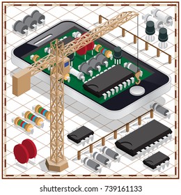 Electronic scheme of mobile phone and a tower crane. Isometric. Vector illustration.