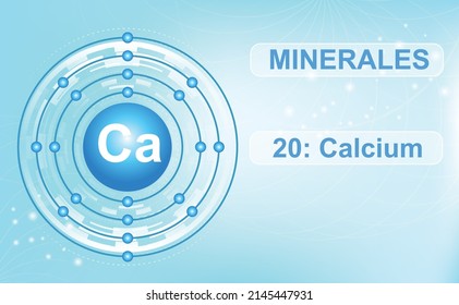 Electronic scheme of the shell of the mineral and the macroelement Ca, calcium, the 20th element of the periodic table of elements. Abstract flat blue gradient background. Information poster.
