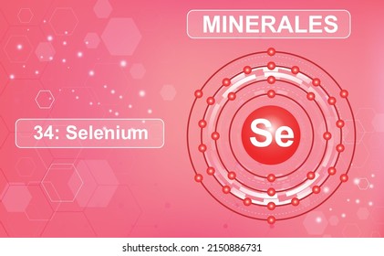 Electronic scheme of the shell of the mineral and microelement Selenium, Se, 34 element of the periodic table of elements. Abstract pink gradient background from hexagons. Information poster. Vector