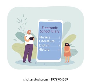Electronic school diary flat vector illustration. Mother and daughter near giant smartphone with subjects, grades on screen. School, academic performance, education, technology, family concept