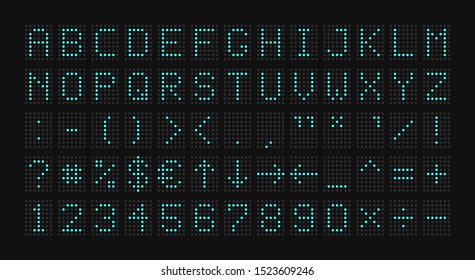 Electronic scoreboard. Alphabet with special characters. Vector illustration.