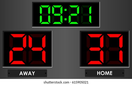 Electronic scoreboard with time and score home, away. Vector illustration