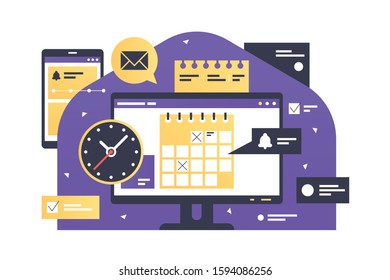 Electronic screen with schedule and planning information vector illustration. Reminders and notification on upcoming event flat design. Calendar and time management concept