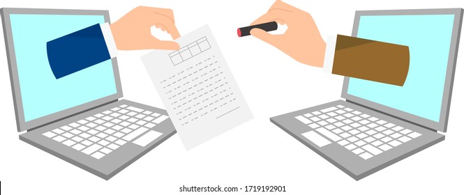 Electronic seal image,businessman holding stamp and paper in PC,vector illustration