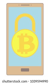 electronic security lock of bitcoin in a phone ,vector icon,color concept , color vector disign. 