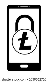 electronic security lock of litecoin in a phone ,vector icon, black and white concept , vector disign. 