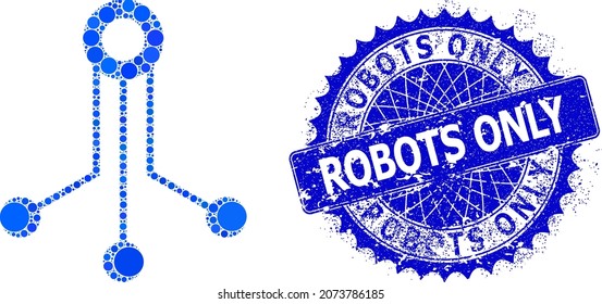 Electronic sensor vector mosaic of small circles in various sizes and blue color hues, and textured Robots Only stamp seal. Blue round sharp rosette stamp seal has Robots Only tag inside it.