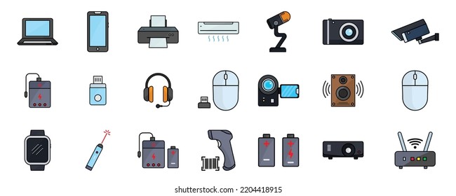 Electronic set icon illustration. contains mobile phone icon, laptop, printer, headphone, air conditioner, camera etc. Lineal color icon style. Simple design editable