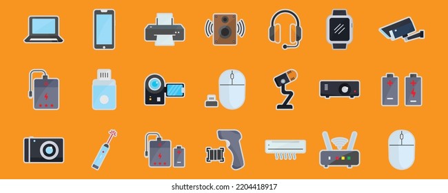 Electronic set icon illustration. contains mobile phone icon, laptop, printer, headphone, air conditioner, camera etc. sticker icon style. Simple design editable
