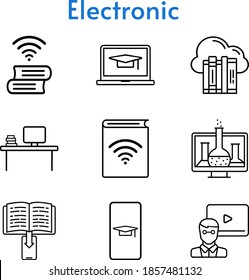electronic set. included cloud, chemistry, student-smartphone, audiobook, student-laptop, desktop, ebook, teacher icons. linear styles.