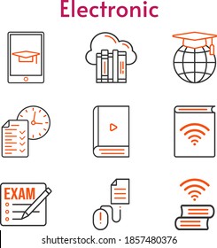 electronic set. included cloud, exam, audiobook, ebook, test, school, book, student-tablet, click icons. bicolor styles.