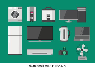 Electronic set. Washing Machine,Electric water heater,Rice Cooker,Computer,PC,Refrigerator,TV,Television,Kettle,Air Condition,Camera,DSLR,Fan,Notebook.