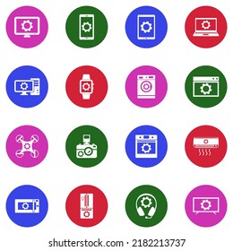 Electronic Settings Icons. White Flat Collection In Circle. Vector Illustration.