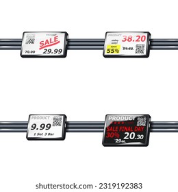 Electronic shelf label on rail set. E-paper display for retail store price tags. Information monitor screen. Realistic vector illustration. Template for design