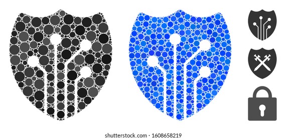 Electronic shield mosaic of small circles in various sizes and color tones, based on electronic shield icon. Vector small circles are grouped into blue illustration.