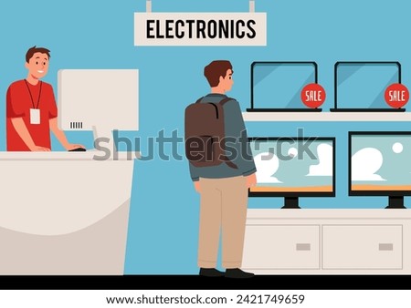 Electronic shop appliances store. Customer choosing home electronics appliances. Digital devices computers, laptops, tablets, tv set. Cartoon vector flat illustration of retail business