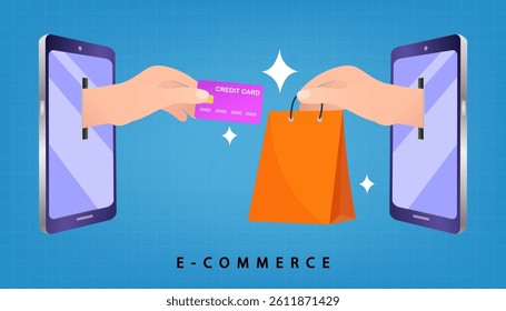 electronic shop. Hands reaching out of a mobile phone screen holding a shopping bag and credit card. e-commerce concept. business marketing online. vector illustration.