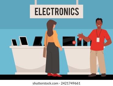 Electronic shop, illustration with people, flat cartoon style vector. Happy persons, female customer and male smiling salesman, various technical devices are sold on tables and counters in store